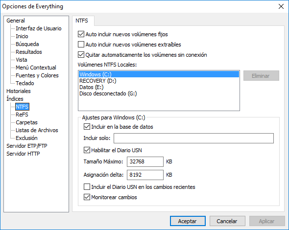 Everything Opciones NTFS
